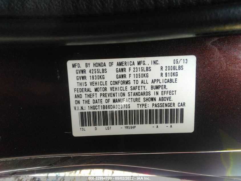 2013 HONDA ACCORD CPE EX-L 1HGCT1B86DA020705
