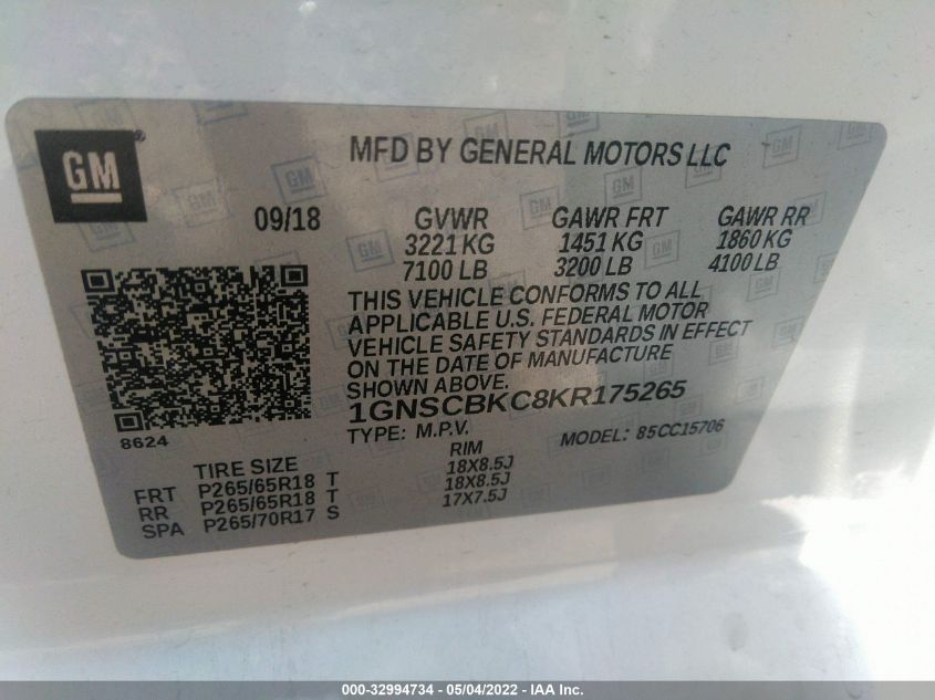 2019 CHEVROLET TAHOE LT 1GNSCBKC8KR175265