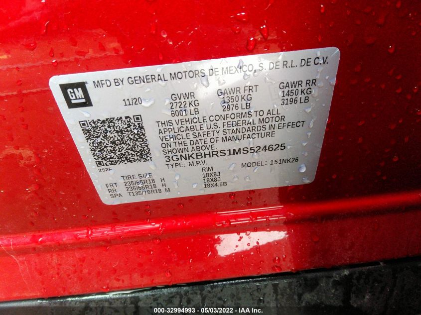 2021 CHEVROLET BLAZER LT 3GNKBHRS1MS524625