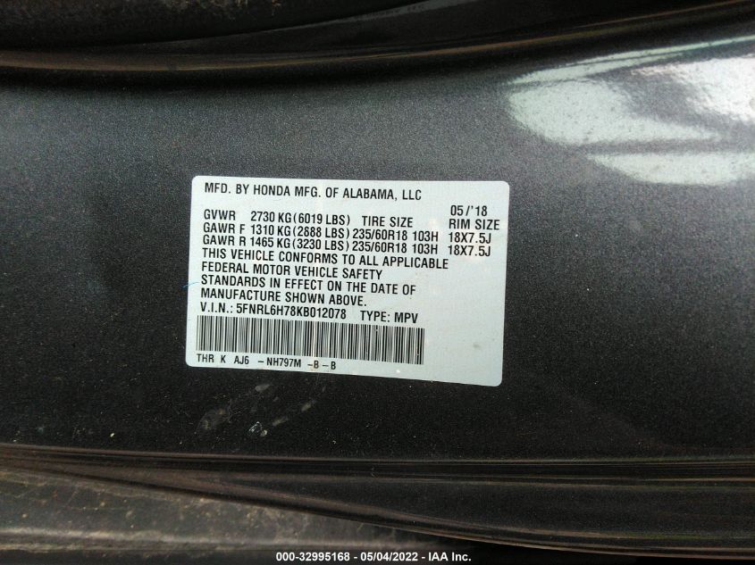 2019 HONDA ODYSSEY EX-L 5FNRL6H78KB012078