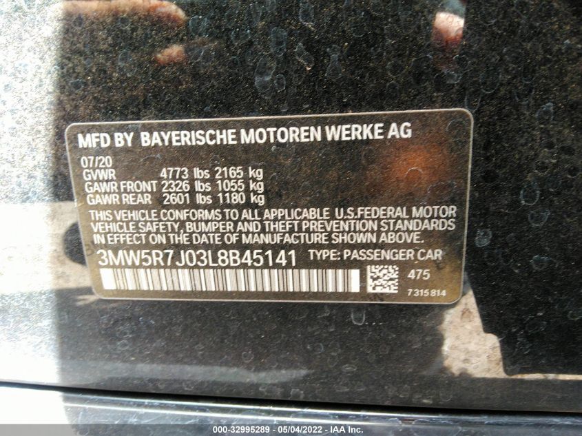2020 BMW 3 SERIES 330I XDRIVE 3MW5R7J03L8B45141