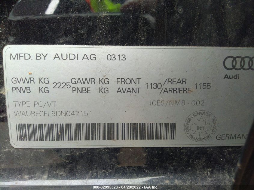 2013 AUDI A4 WAUBFCFL9DN042151