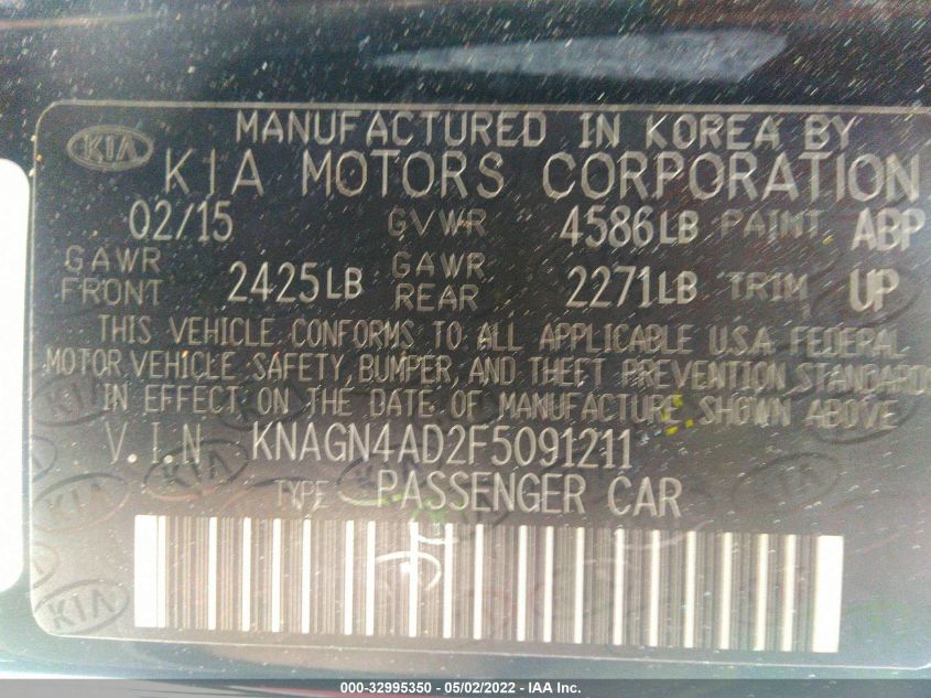 2015 KIA OPTIMA HYBRID EX KNAGN4AD2F5091211