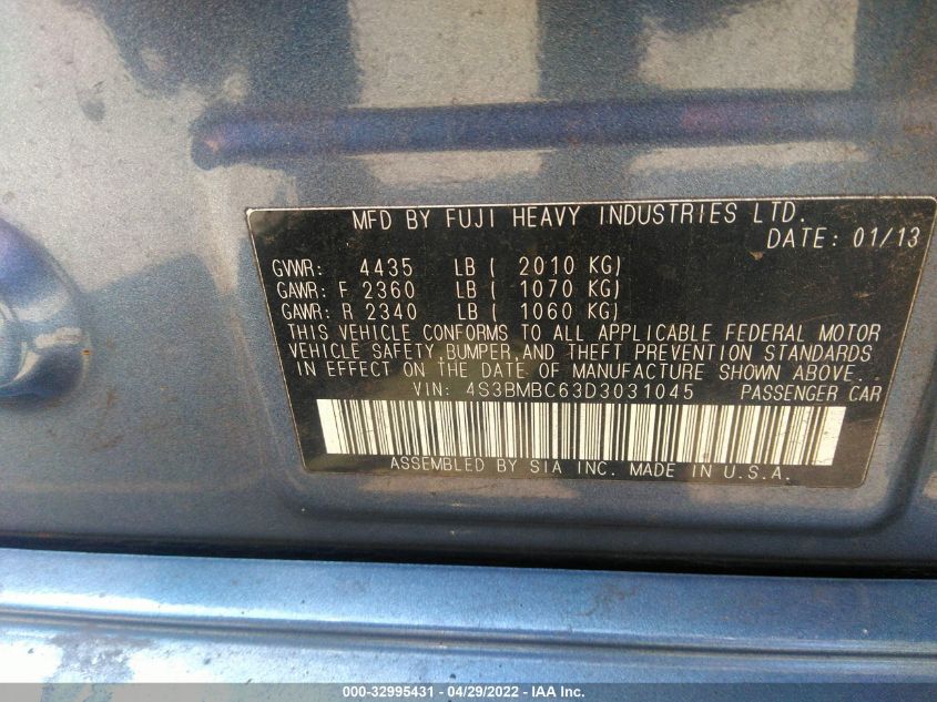 2013 SUBARU LEGACY 2.5I PREMIUM 4S3BMBC63D3031045