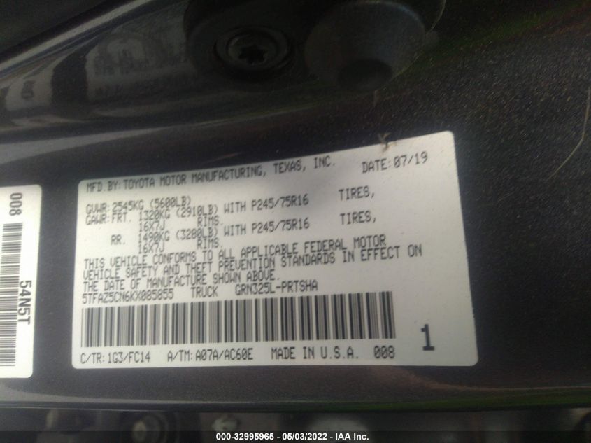 2019 TOYOTA TACOMA 2WD SR5/TRD SPORT 5TFAZ5CN6KX085855