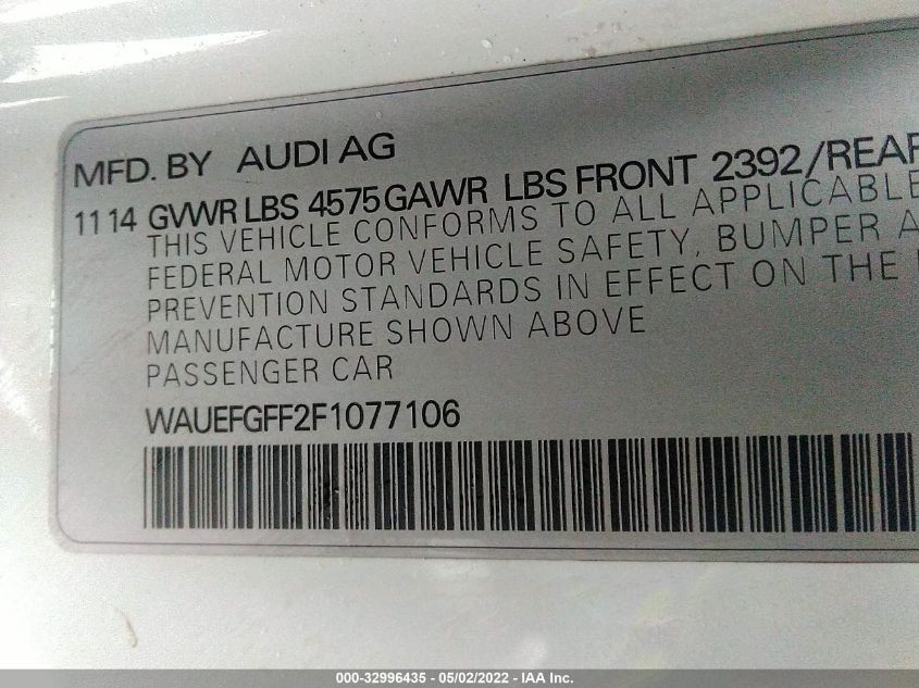 2015 AUDI A3 2.0T PREMIUM PLUS WAUEFGFF2F1077106