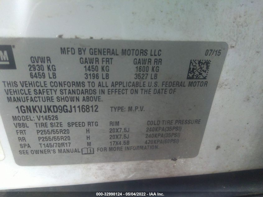2016 CHEVROLET TRAVERSE LTZ 1GNKVJKD9GJ116812