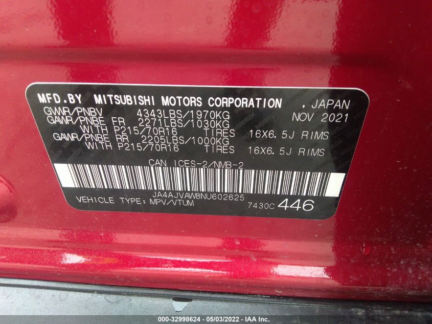 2022 MITSUBISHI RVR SE/SEL/LE/GT JA4AJVAW8NU602625