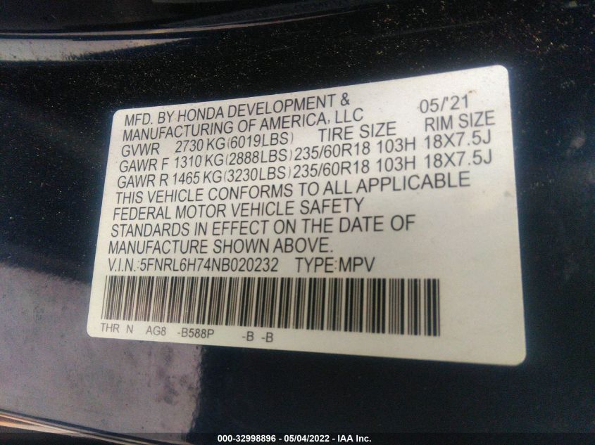 2022 HONDA ODYSSEY EX-L 5FNRL6H74NB020232