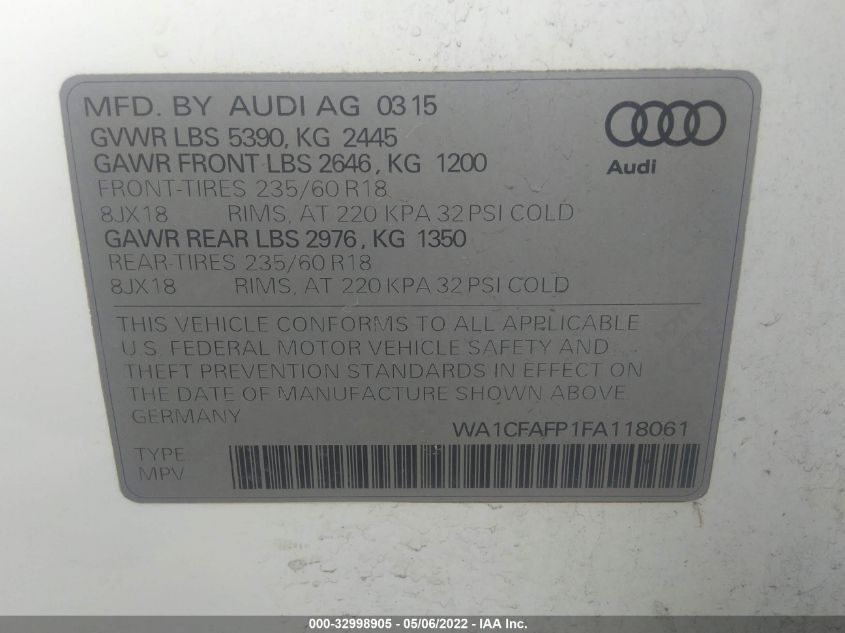 2015 AUDI Q5 PREMIUM WA1CFAFP1FA118061