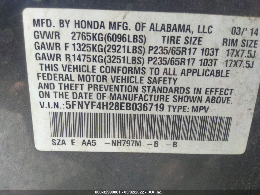 2014 HONDA PILOT LX 5FNYF4H28EB036719