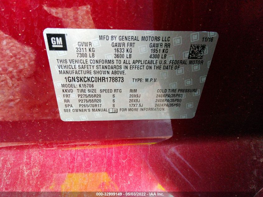 2017 CHEVROLET TAHOE PREMIER 1GNSKCKC0HR178873