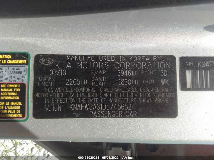 2013 KIA FORTE 5-DOOR SX KNAFW5A31D5745652