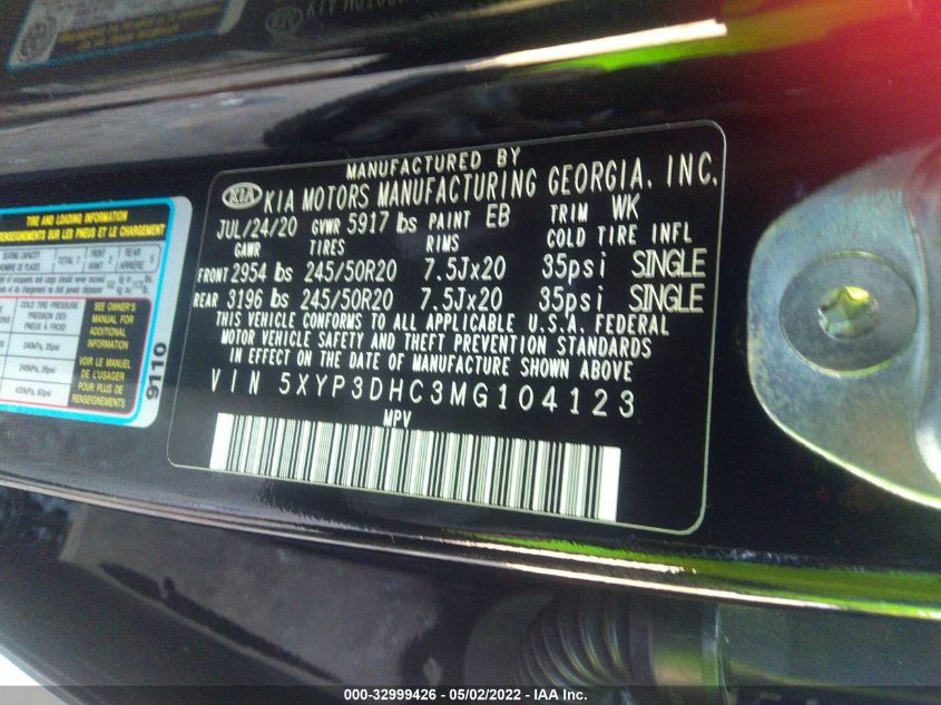 2021 KIA TELLURIDE EX 5XYP3DHC3MG104123