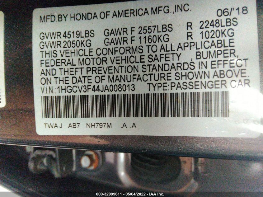 2018 HONDA ACCORD HYBRID EX 1HGCV3F44JA008013