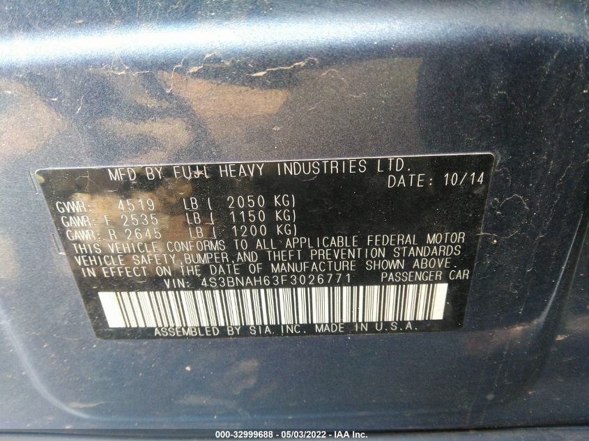 2015 SUBARU LEGACY 2.5I PREMIUM 4S3BNAH63F3026771