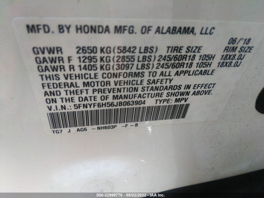 2018 HONDA PILOT EX-L 5FNYF6H56JB063904