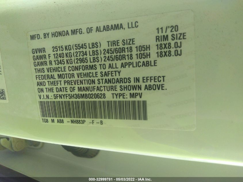 2021 HONDA PILOT EX 5FNYF5H36MB020628
