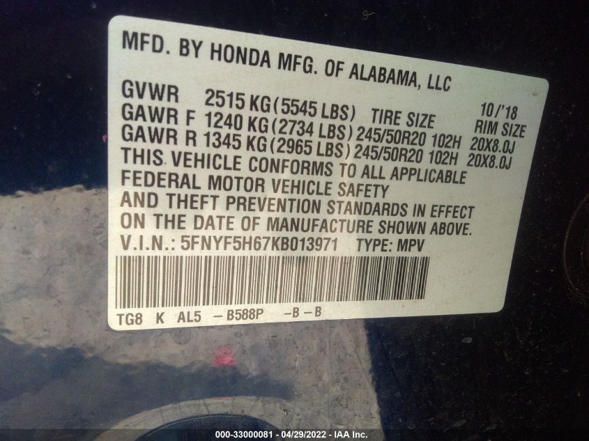 2019 HONDA PILOT TOURING 7-PASSENGER 5FNYF5H67KB013971