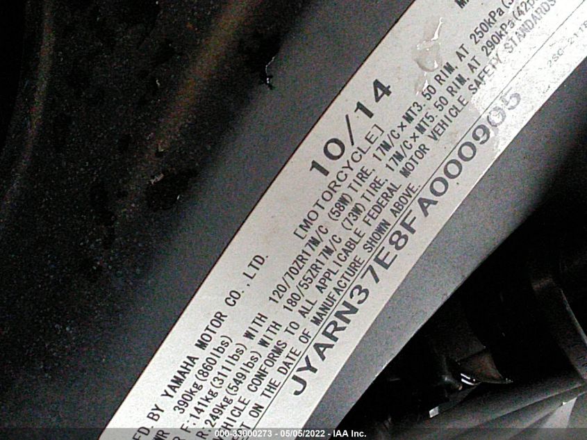 2015 YAMAHA FJ09 JYARN37E8FA000905
