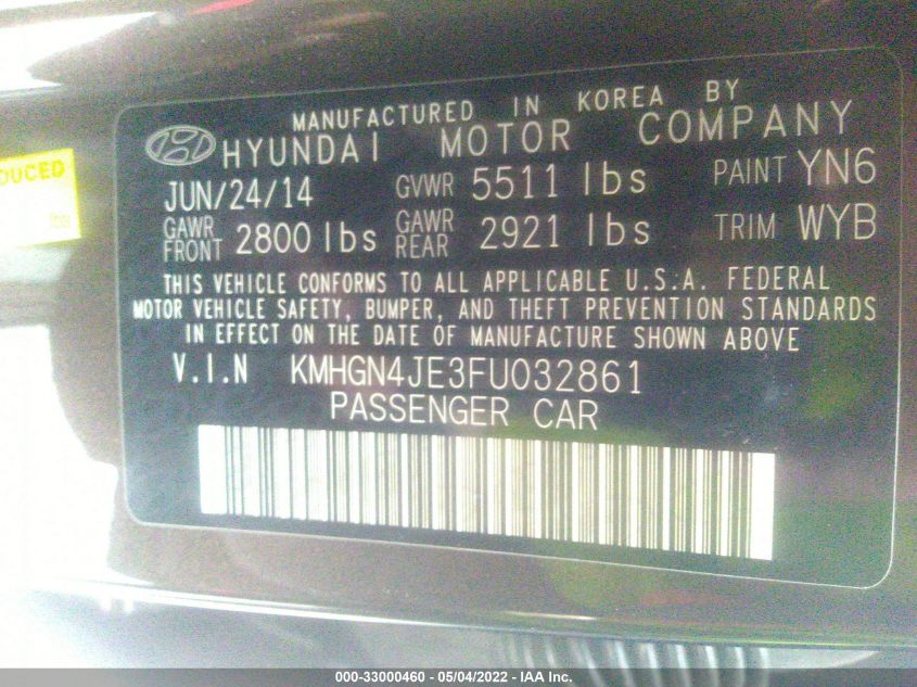 2015 HYUNDAI GENESIS 3.8L KMHGN4JE3FU032861