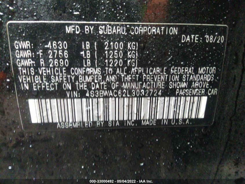 2020 SUBARU LEGACY PREMIUM 4S3BWAC62L3032724