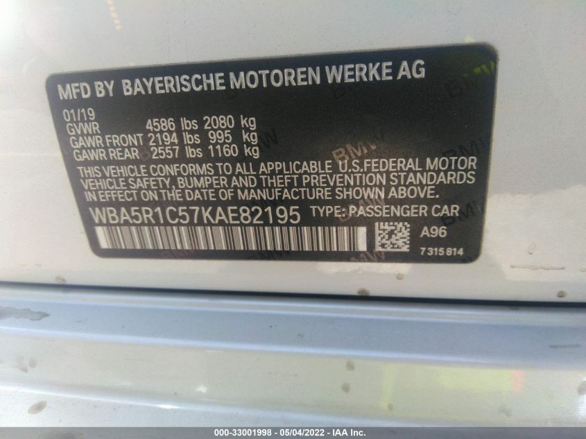 2019 BMW 3 SERIES 330I WBA5R1C57KAE82195