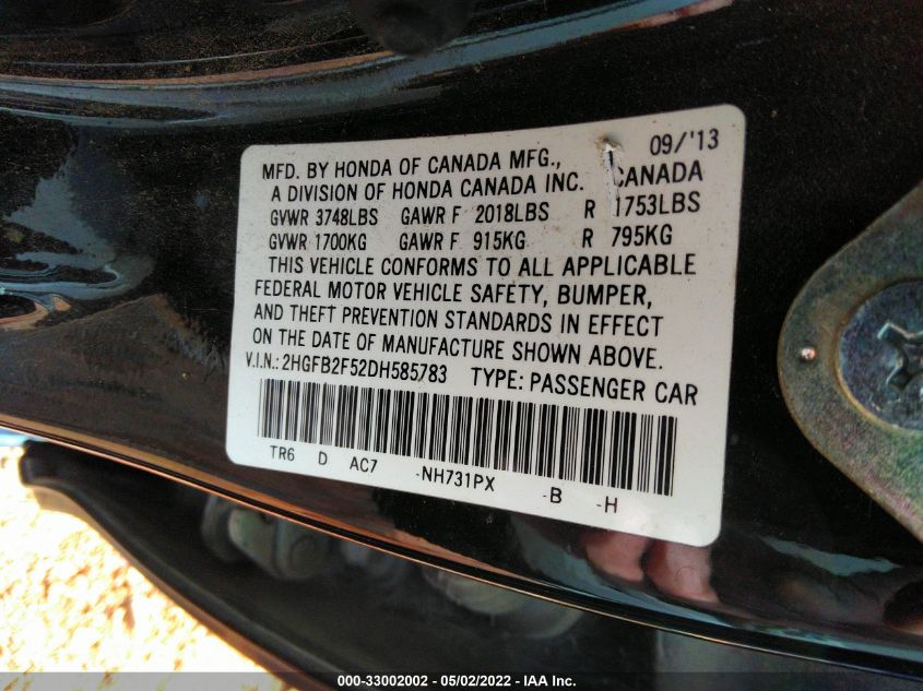 2013 HONDA CIVIC SDN LX 2HGFB2F52DH585783