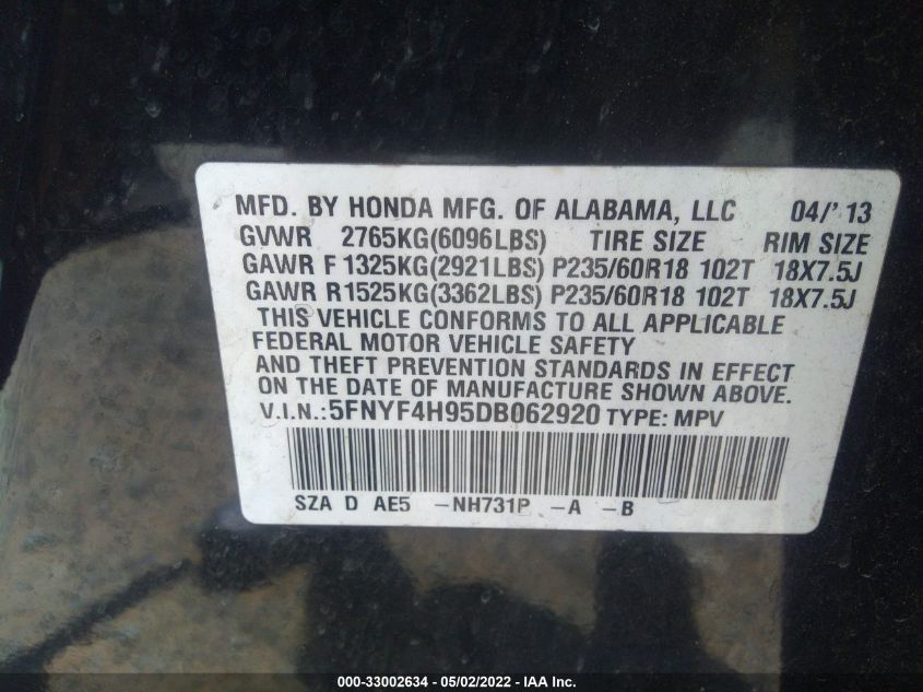 2013 HONDA PILOT TOURING 5FNYF4H95DB062920