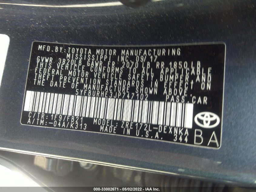 2018 TOYOTA COROLLA L/LE/XLE/SE/XSE 5YFBURHE3JP747102