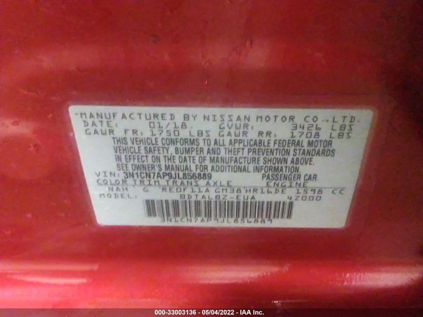 2018 NISSAN VERSA SEDAN SV 3N1CN7AP9JL856889