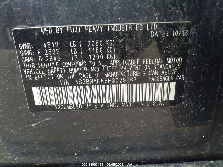 2017 SUBARU LEGACY LIMITED 4S3BNAK68H3029967