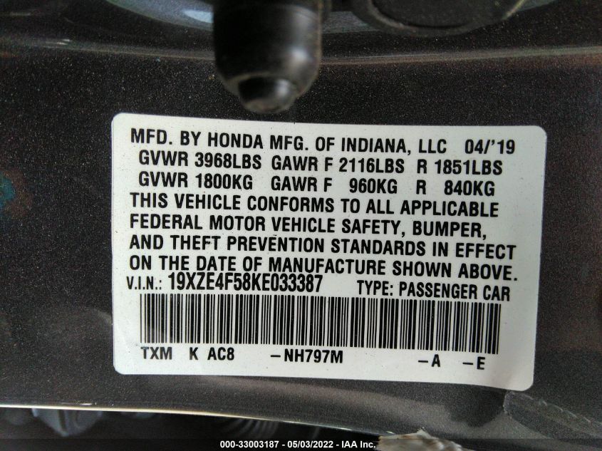 2019 HONDA INSIGHT EX 19XZE4F58KE033387