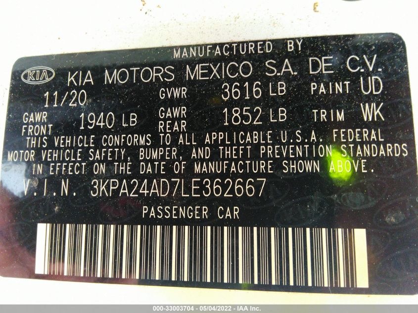 2020 KIA RIO LX 3KPA24AD7LE362667