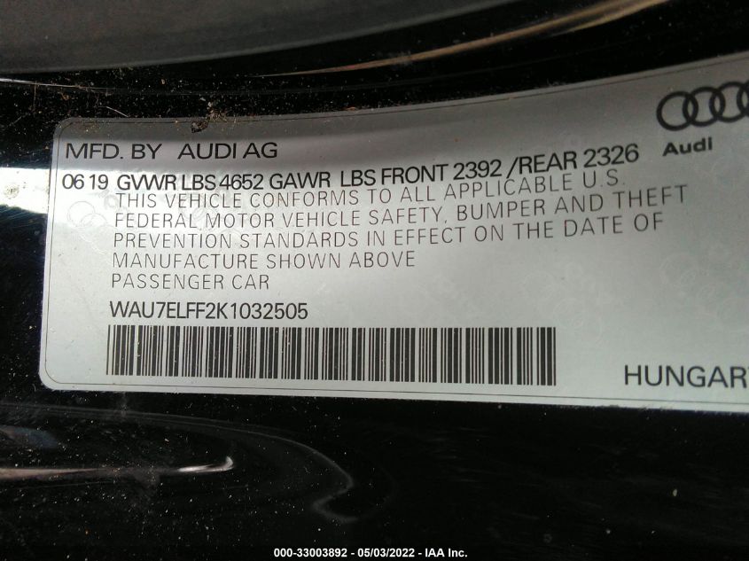 2019 AUDI A3 CABRIOLET PREMIUM WAU7ELFF2K1032505