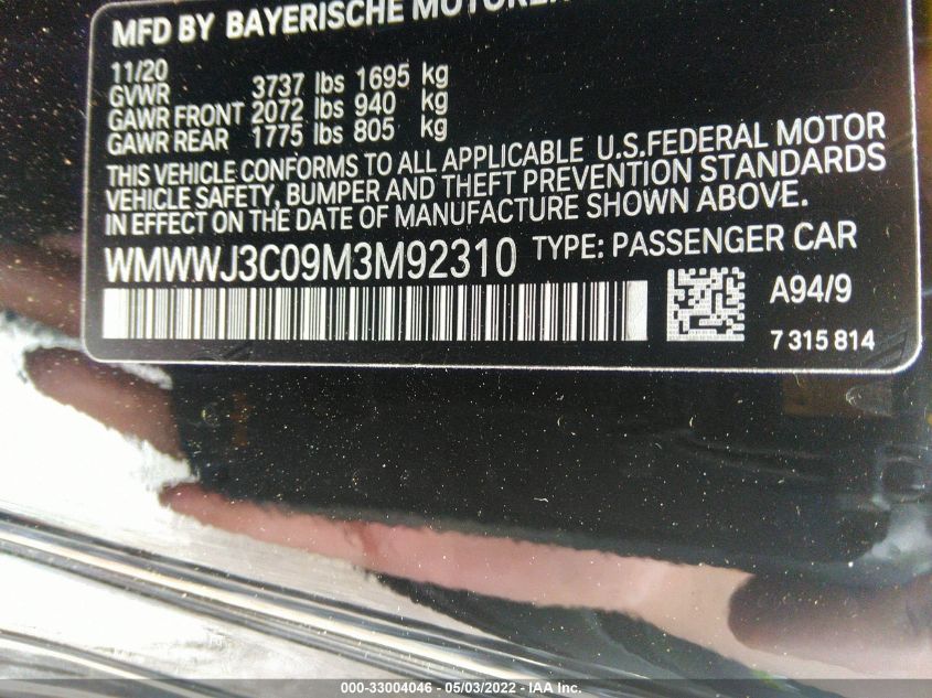 2021 MINI CONVERTIBLE COOPER WMWWJ3C09M3M92310