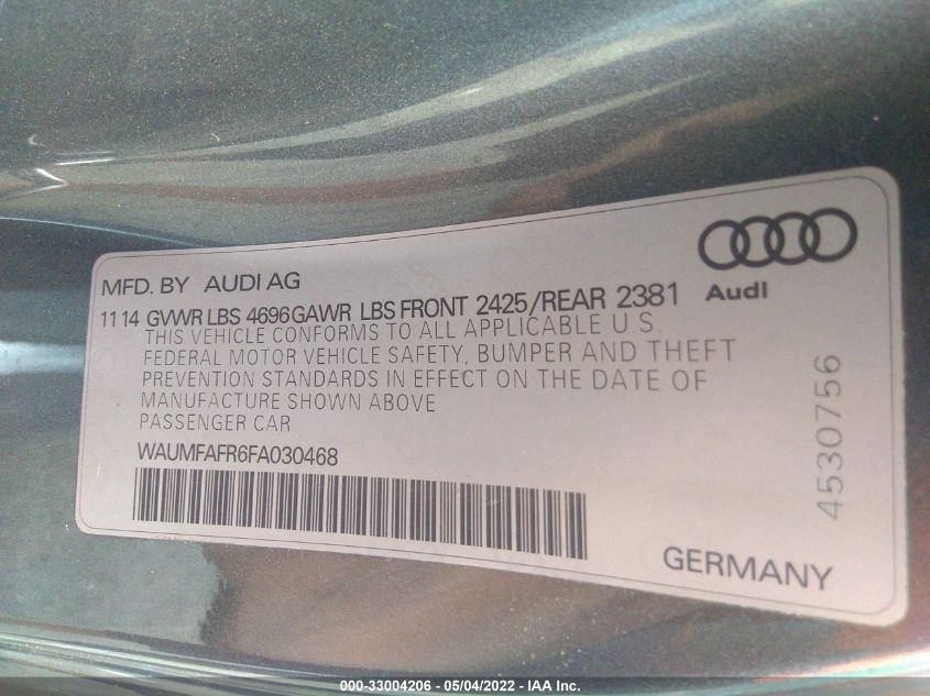 2015 AUDI A5 PREMIUM PLUS WAUMFAFR6FA030468