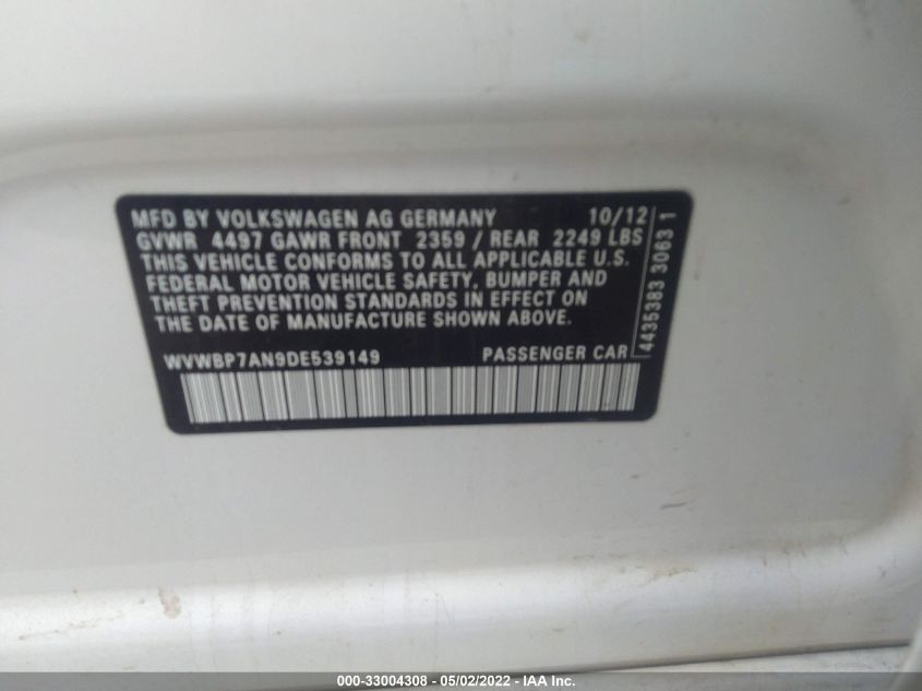 2013 VOLKSWAGEN CC SPORT WVWBP7AN9DE539149