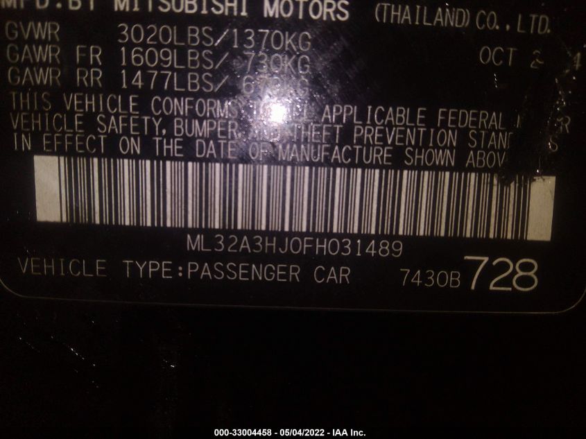 2015 MITSUBISHI MIRAGE DE/RF ML32A3HJ0FH031489