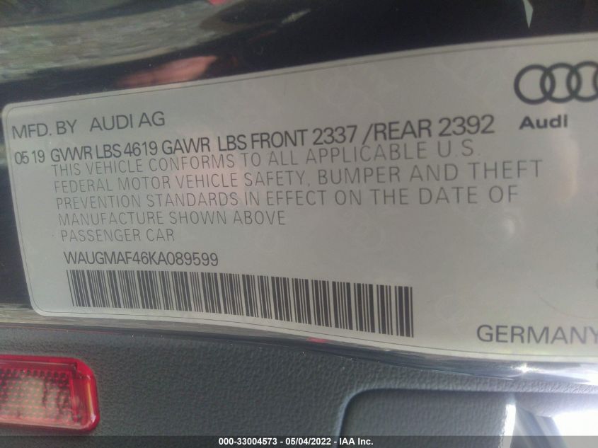 2019 AUDI A4 PREMIUM/TITANIUM PREMIUM WAUGMAF46KA089599
