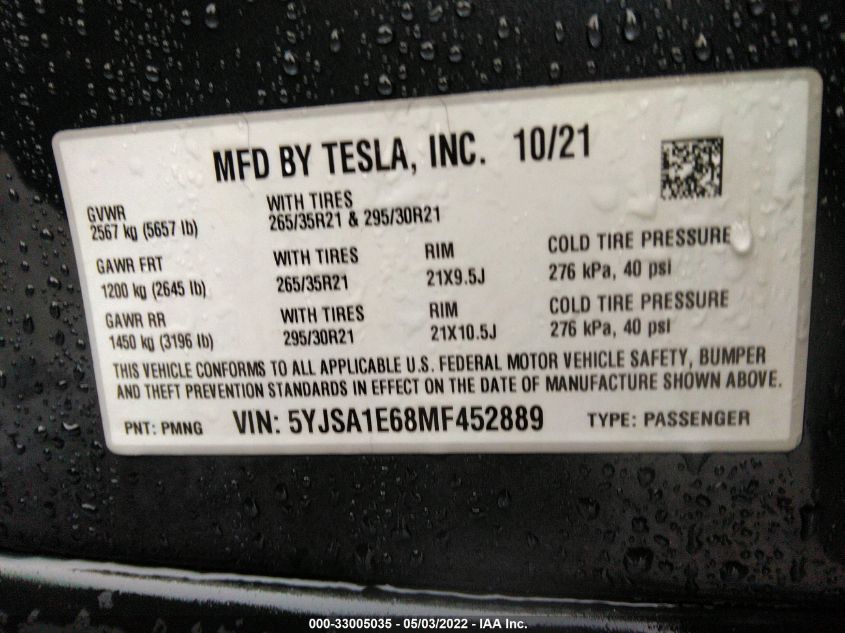 2021 TESLA MODEL S PLAID 5YJSA1E68MF452889