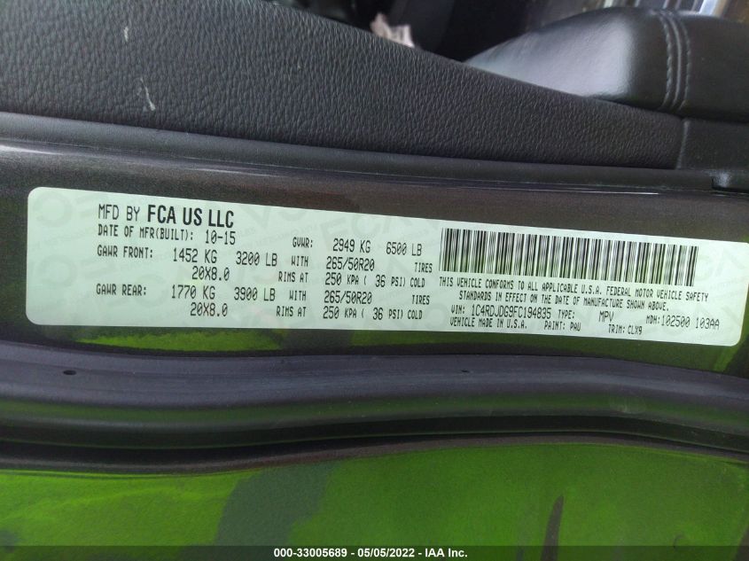 2015 DODGE DURANGO LIMITED 1C4RDJDG9FC194835