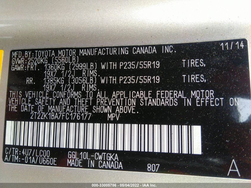 2015 LEXUS RX 350 2T2ZK1BA7FC176177