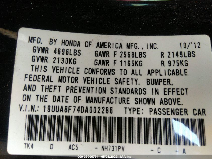 2013 ACURA TL ADVANCE 19UUA8F74DA002286