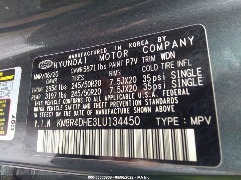 2020 HYUNDAI PALISADE SEL KM8R4DHE3LU134450