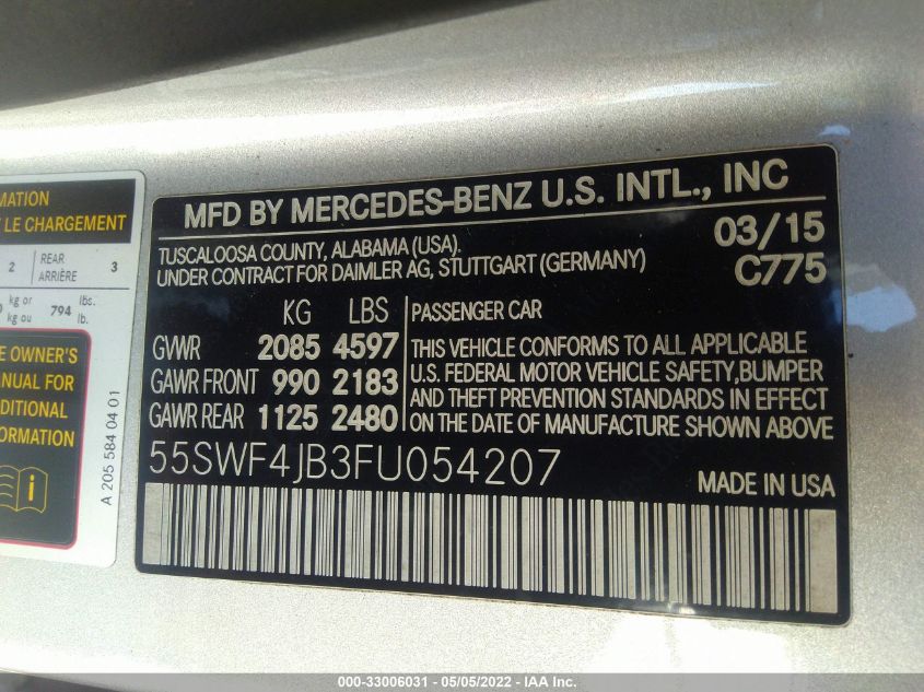 2015 MERCEDES-BENZ C-CLASS C 300 55SWF4JB3FU054207