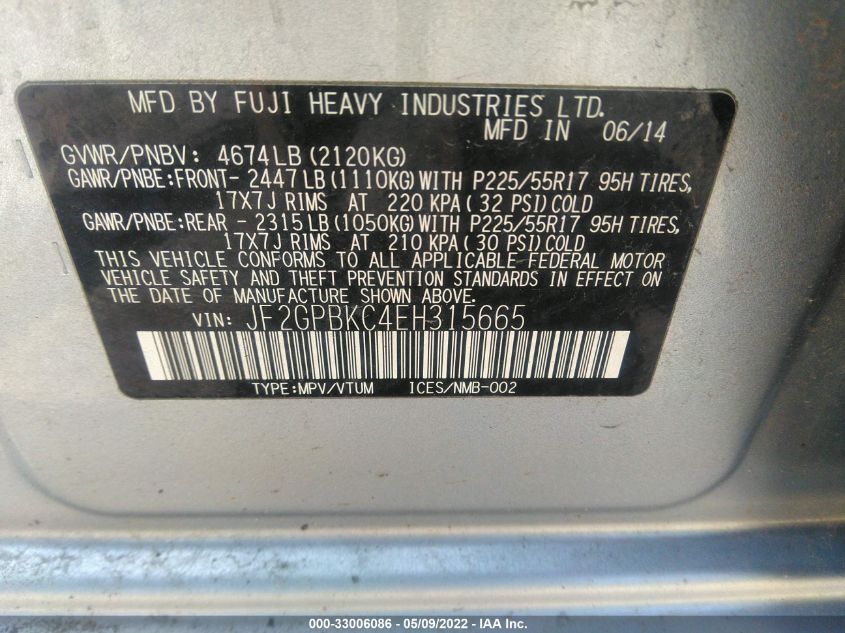 2014 SUBARU XV CROSSTREK HYBRID TOURING JF2GPBKC4EH315665