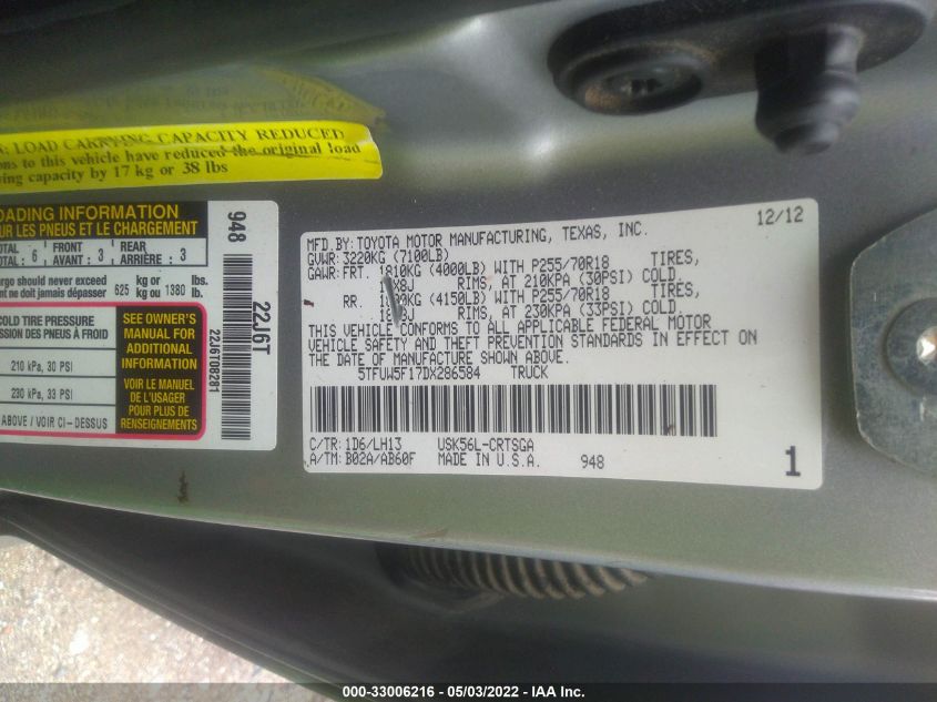 2013 TOYOTA TUNDRA 4WD TRUCK 5TFUW5F17DX286584