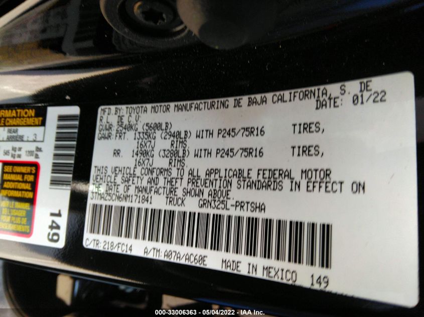2022 TOYOTA TACOMA 2WD SR5/TRD SPORT 3TMAZ5CN6NM171841