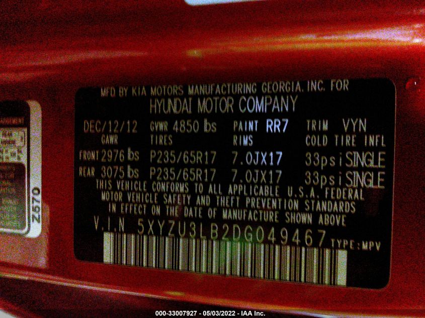 2013 HYUNDAI SANTA FE SPORT 5XYZU3LB2DG049467